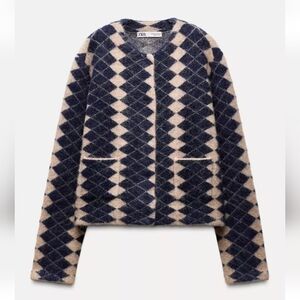 Zara Navy and Cream Patterned Women's Jacket